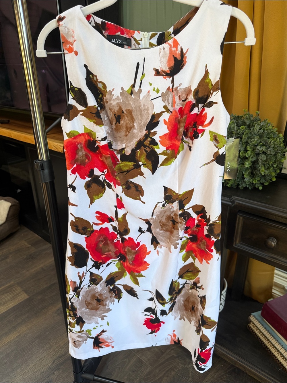 ALYX White Floral Sheath Dress with Red, Brown & Green Accents